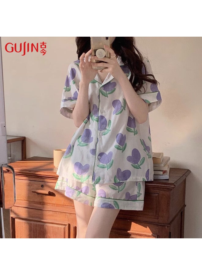 Gujin Spring/summer New Arrival 100% Cotton Women's Pajamas Cotton Yarn Home Wear Can Be Worn Outside Pajama Pants Fresh Plus Size Set L