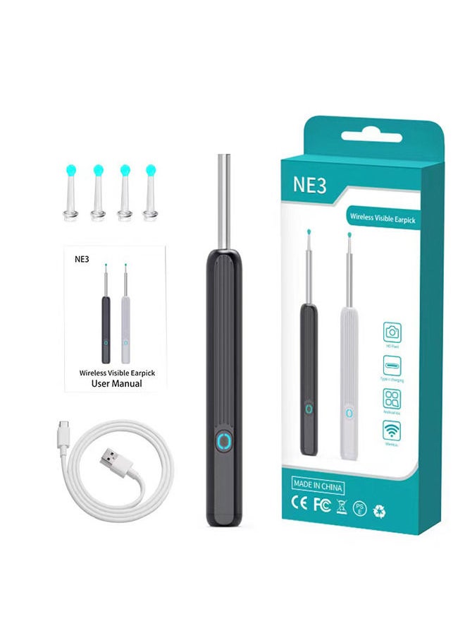 Rock Pow - Ear Wax Removal, Wi-Fi Visible Wax Elimination Spoon with 4 Soft Silicone Ear Scoops, Wireless Ear Endoscope 1080p with LED Light for iPhone, iPad, Android Phones (Black) - Image 1