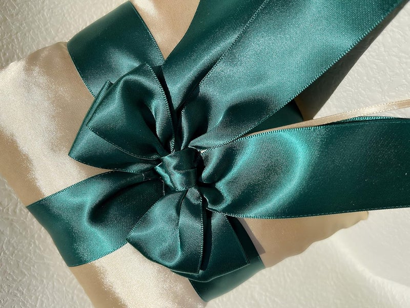 Uwedding Gold Wedding Ring Bearer Pillow with Dark Green Satin Ribbon Bow Décor Wedding Ceremony Anniversary Vow Renewal Party Favor, Gold & Beige (Gold & Dark Green Pillow) - Image 2