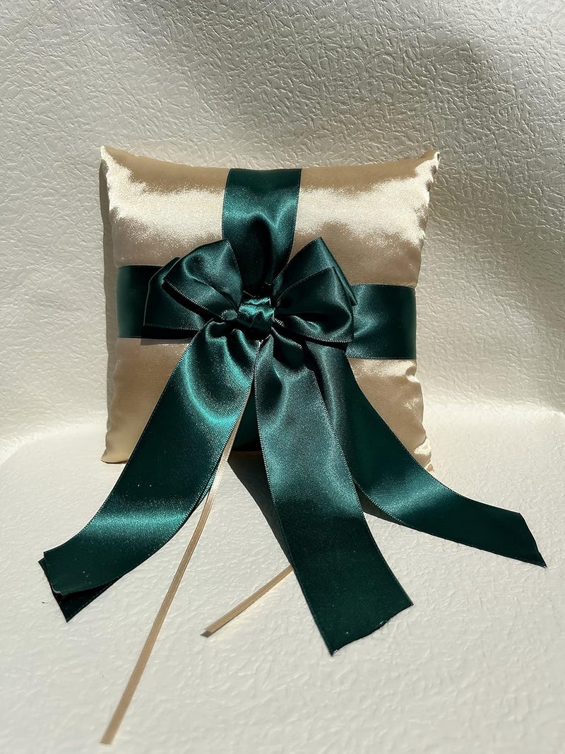 Uwedding Gold Wedding Ring Bearer Pillow with Dark Green Satin Ribbon Bow Décor Wedding Ceremony Anniversary Vow Renewal Party Favor, Gold & Beige (Gold & Dark Green Pillow) - Image 1