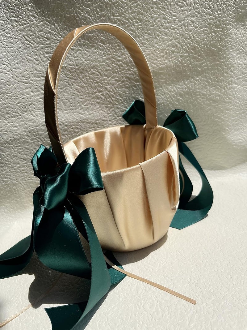 Uwedding Gold Wedding Ring Bearer Pillow with Dark Green Satin Ribbon Bow Décor Wedding Ceremony Anniversary Vow Renewal Party Favor, Gold & Beige (Gold & Dark Green Pillow) - Image 4