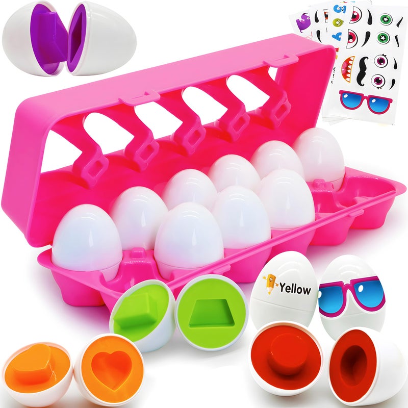 MOONTOY Montessori Matching Egg, 12PCS Color & Shape Recognition Toy for Toddler 1-3, Educational Learning Eggs Toy with Pink Storage Case, Easter Eggs Basket Stuffers Gift for 1 2 3 Year Old Girl Kid - Image 1