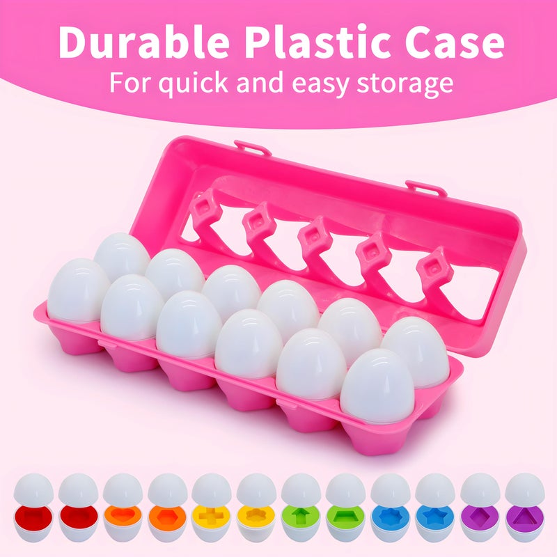 MOONTOY Montessori Matching Egg, 12PCS Color & Shape Recognition Toy for Toddler 1-3, Educational Learning Eggs Toy with Pink Storage Case, Easter Eggs Basket Stuffers Gift for 1 2 3 Year Old Girl Kid - Image 3