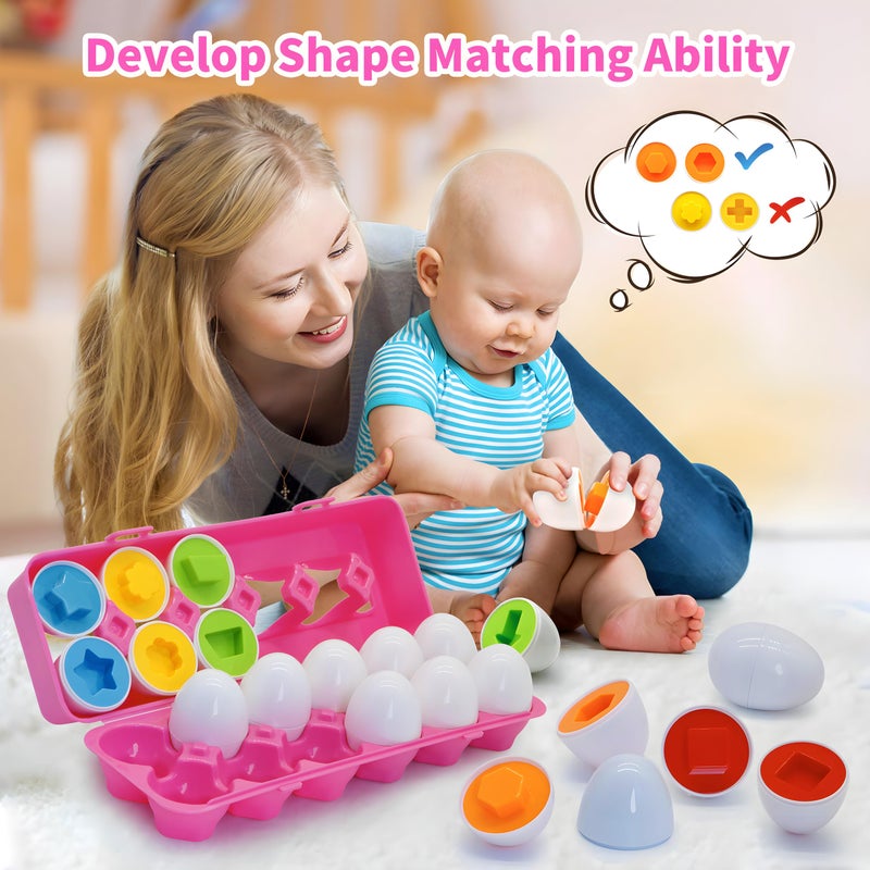 MOONTOY Montessori Matching Egg, 12PCS Color & Shape Recognition Toy for Toddler 1-3, Educational Learning Eggs Toy with Pink Storage Case, Easter Eggs Basket Stuffers Gift for 1 2 3 Year Old Girl Kid - Image 4
