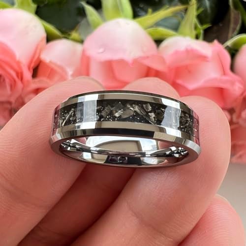 TUTISS 6mm Tungsten Rings for Men Women Meteorite Shavings Inlay Promise Engagement Wedding Bands Beveled Edges Polished Shiny Comfort Fit Size 7.5 - Image 3