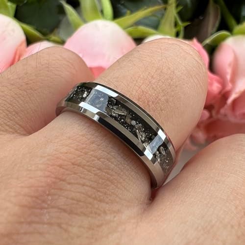 TUTISS 6mm Tungsten Rings for Men Women Meteorite Shavings Inlay Promise Engagement Wedding Bands Beveled Edges Polished Shiny Comfort Fit Size 7.5 - Image 5