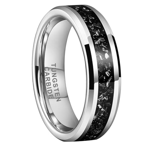 TUTISS 6mm Tungsten Rings for Men Women Meteorite Shavings Inlay Promise Engagement Wedding Bands Beveled Edges Polished Shiny Comfort Fit Size 7.5 - Image 1