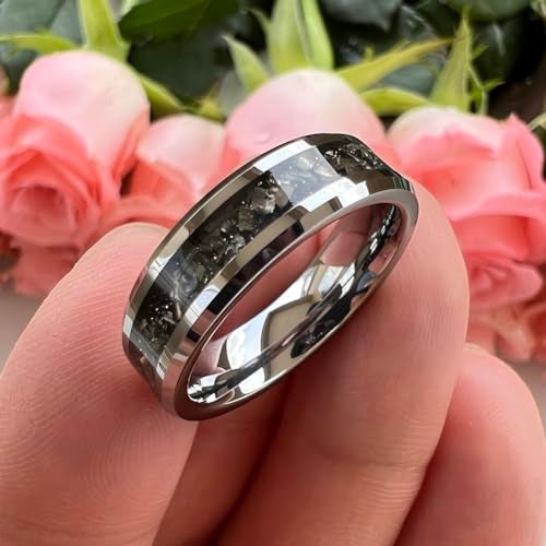 TUTISS 6mm Tungsten Rings for Men Women Meteorite Shavings Inlay Promise Engagement Wedding Bands Beveled Edges Polished Shiny Comfort Fit Size 7.5 - Image 4