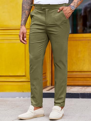 PASLTER Mens Chinos Pants Slim Fit Stretch Flat-Front Skinny Dress Suit Pants Cotton Slacks Army Green - Image 2