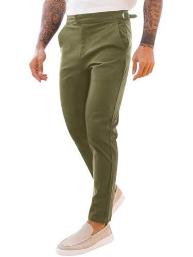 PASLTER Mens Chinos Pants Slim Fit Stretch Flat-Front Skinny Dress Suit Pants Cotton Slacks Army Green - Image 1