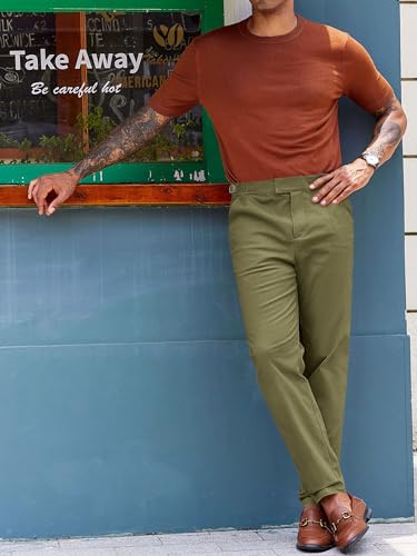 PASLTER Mens Chinos Pants Slim Fit Stretch Flat-Front Skinny Dress Suit Pants Cotton Slacks Army Green - Image 3