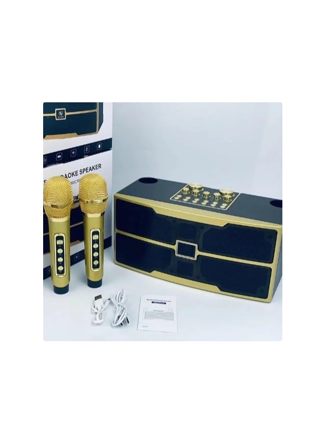 YS-201 Outdoor Family KTV Stereo Big Sound 20Watt Speaker Set Dual BT Speaker With 2 Wireless Microphones - Golden. - Image 2