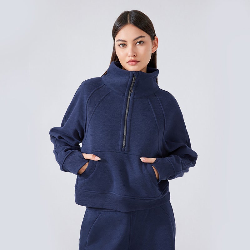 Generic Autumn Winter Thick Fleece Half-Zip Sweater night sea blue