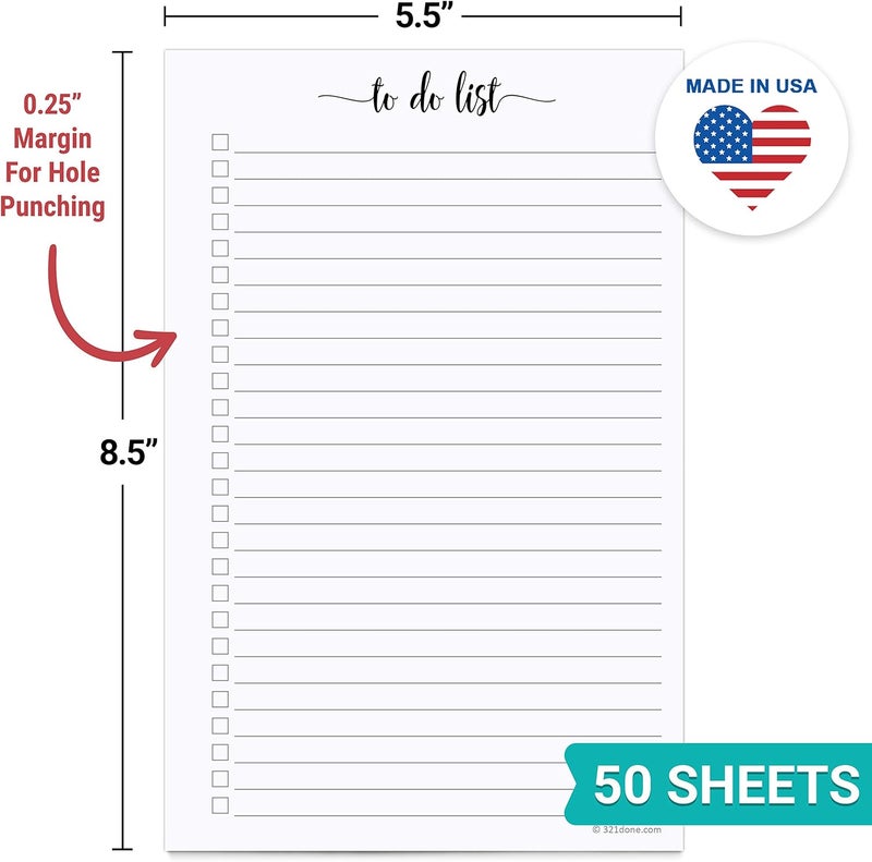 321Done to Do List Notepad for Planner Refill Pages – Made in USA - 50 Sheets (5.5" x 8.5") to-Do's Tear Off, Planning Memo Pad, Checklist Notes Left Hole Punch Margins - Simple Script College-Ruled - Image 2