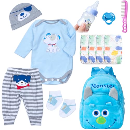 PEDOLLTREE 12 Pcs Set Reborn Baby Doll Clothes Accessories Blue Puppy Outfit Set for 1822 Inch Newborn Baby Boy Reborn Doll Clothes with Monster Backpack - Image 1