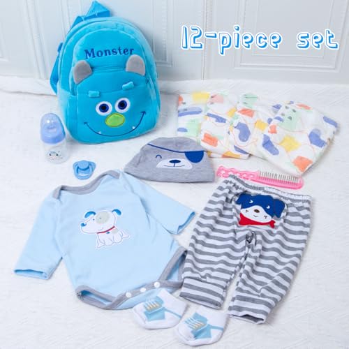 PEDOLLTREE 12 Pcs Set Reborn Baby Doll Clothes Accessories Blue Puppy Outfit Set for 1822 Inch Newborn Baby Boy Reborn Doll Clothes with Monster Backpack - Image 5