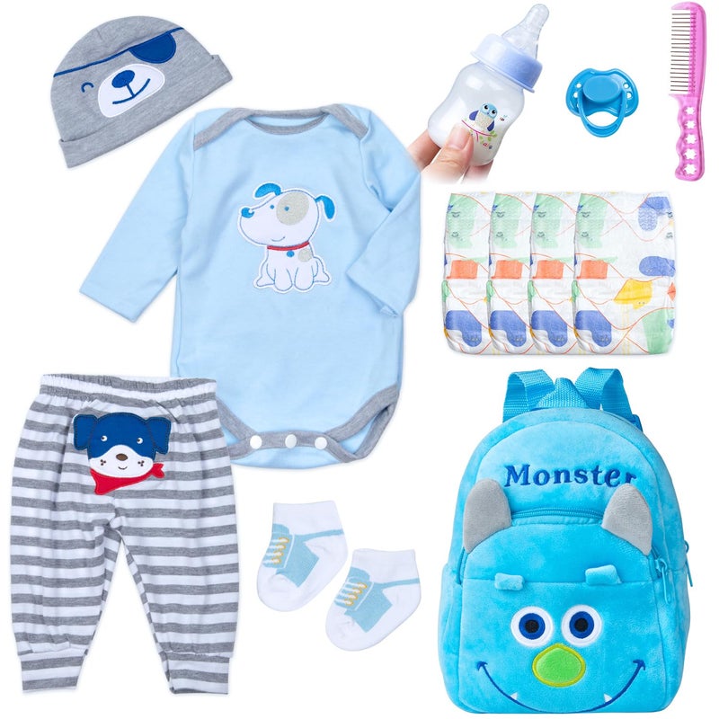 PEDOLLTREE 12 Pcs Set Reborn Baby Doll Clothes Accessories Blue Puppy Outfit Set for 1822 Inch Newborn Baby Boy Reborn Doll Clothes with Monster Backpack - Image 3