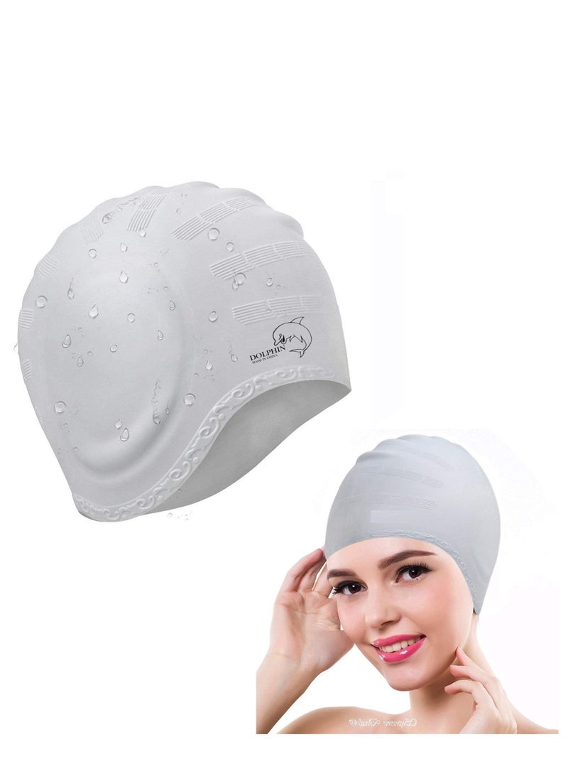 Dolphin - Silicone Swim Cap With Ear Protection 3D Waterproof For Adult, Silver - Image 1