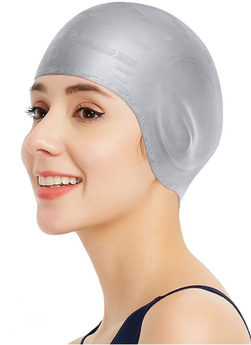 Dolphin - Silicone Swim Cap With Ear Protection 3D Waterproof For Adult, Silver - Image 1
