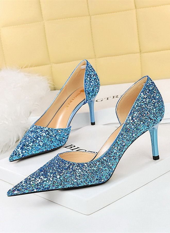BIGTREE Pointed Side Cut-Out Shiny Sequin High Heels 7CM Blue  - Image 1