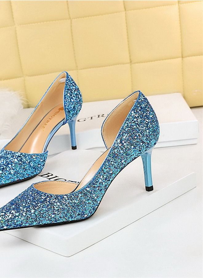 BIGTREE Pointed Side Cut-Out Shiny Sequin High Heels 7CM Blue  - Image 2