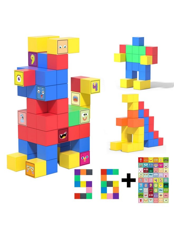 Atlasonix Magnetic Blocks for Kids Ages 3-8, 56 Magnetic Building Cubes & 54 Educational Stickers, STEM Magnet Cube Toy for Boys & Girls. Magnetic Cubes for Learning & Creative Play - Christmas & Birthday Gift  - Image 1