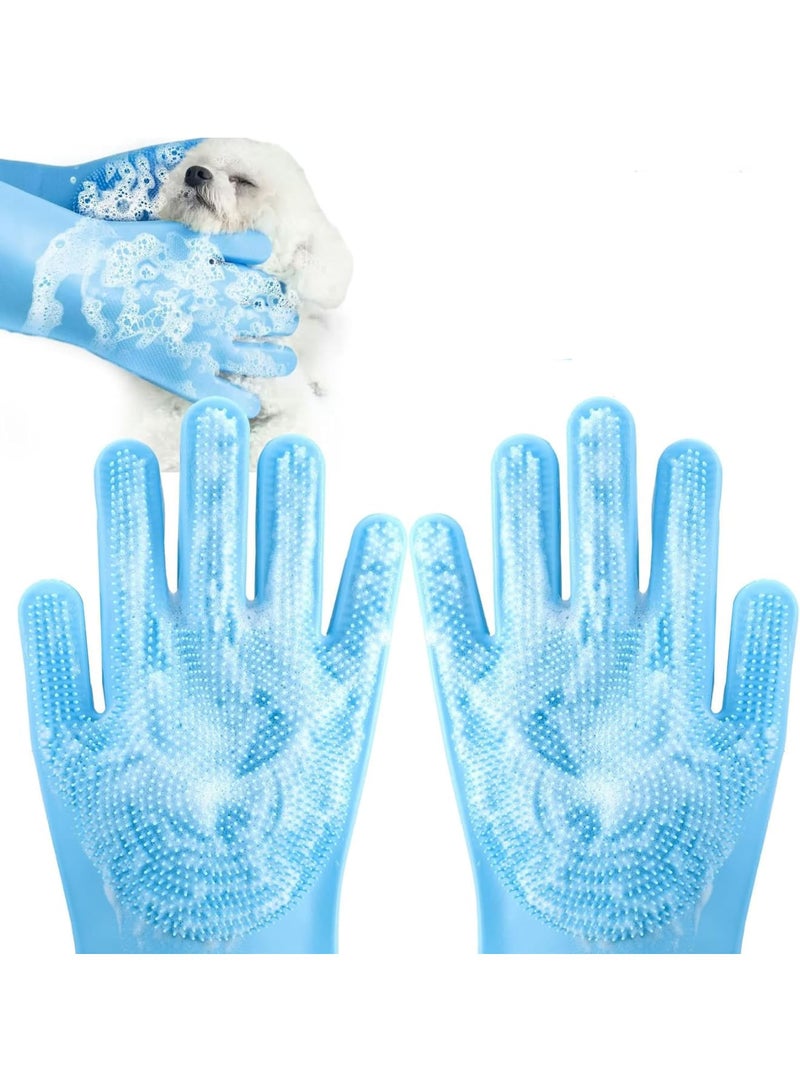 SYOSI Pet Grooming Gloves, Kitchen Gloves, Large Washing Up Gloves, High-Density Cat Dog Bath Gloves, Heat Resistant Silicone Bathing Gloves for Dogs and Cats, for Small, Medium, Large Dogs, Blue - Image 1