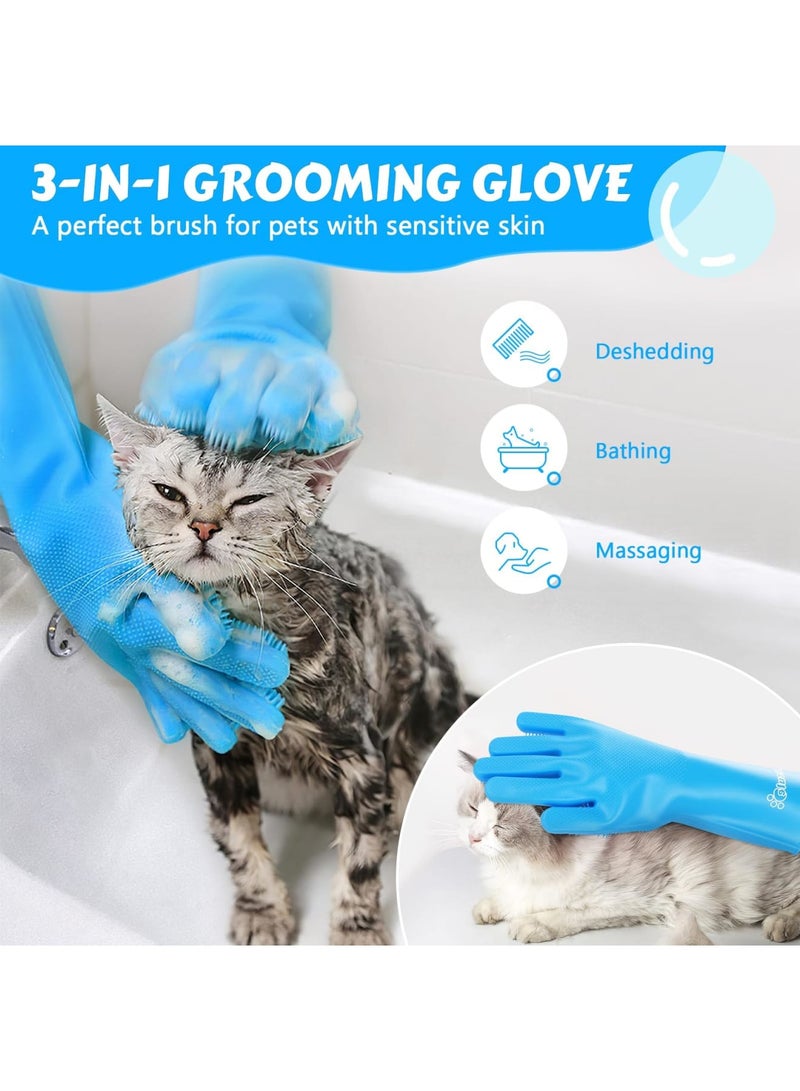 SYOSI Pet Grooming Gloves, Kitchen Gloves, Large Washing Up Gloves, High-Density Cat Dog Bath Gloves, Heat Resistant Silicone Bathing Gloves for Dogs and Cats, for Small, Medium, Large Dogs, Blue - Image 3