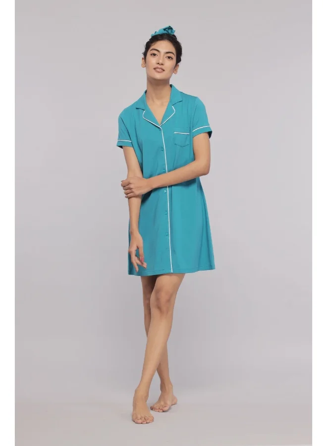 Women Collar Down Button Dress With White Piping