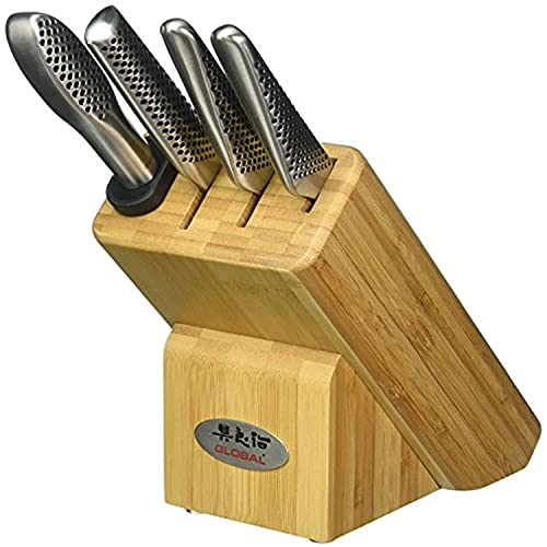 Global 5 Piece Masuta Knife Block Set - Lightweight Japanese Stainless Steel, Razor-Sharp Edge, Made in Japan, (G-3, GS-5, GS-6, G-74, Wooden Block), G-79598 - Image 1