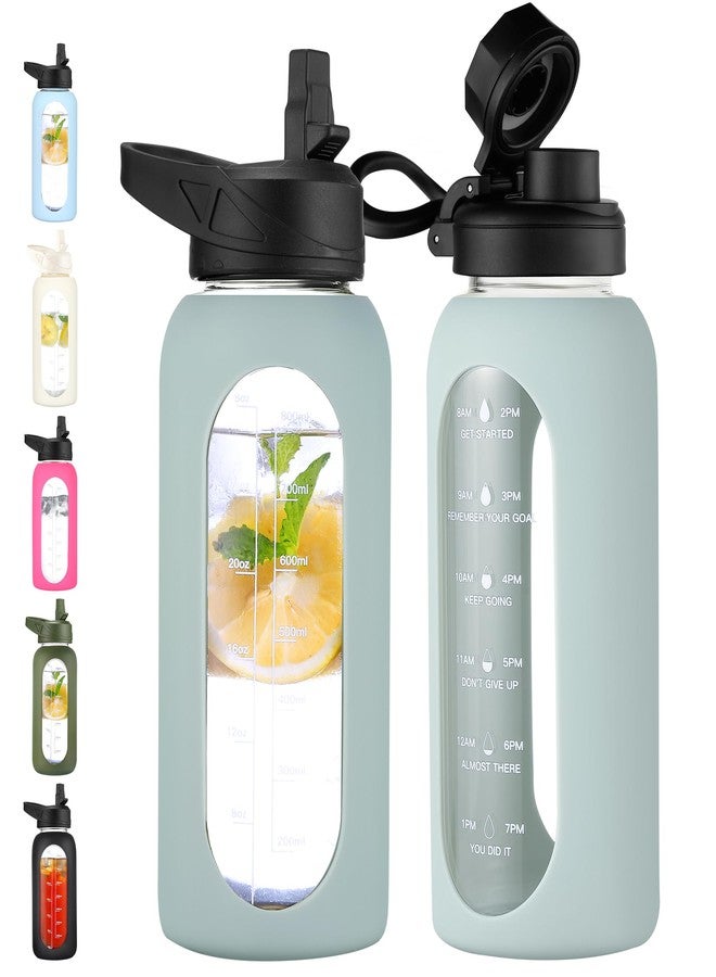 CIVAGO 32 oz Glass Water Bottle with Straw and Handle, Large Sports Motivational Water Bottle Flask with Time Marker and 2 Lids, Leakproof Water Jug Canteen with Silicone Sleeve for Gym, Sage - Image 1
