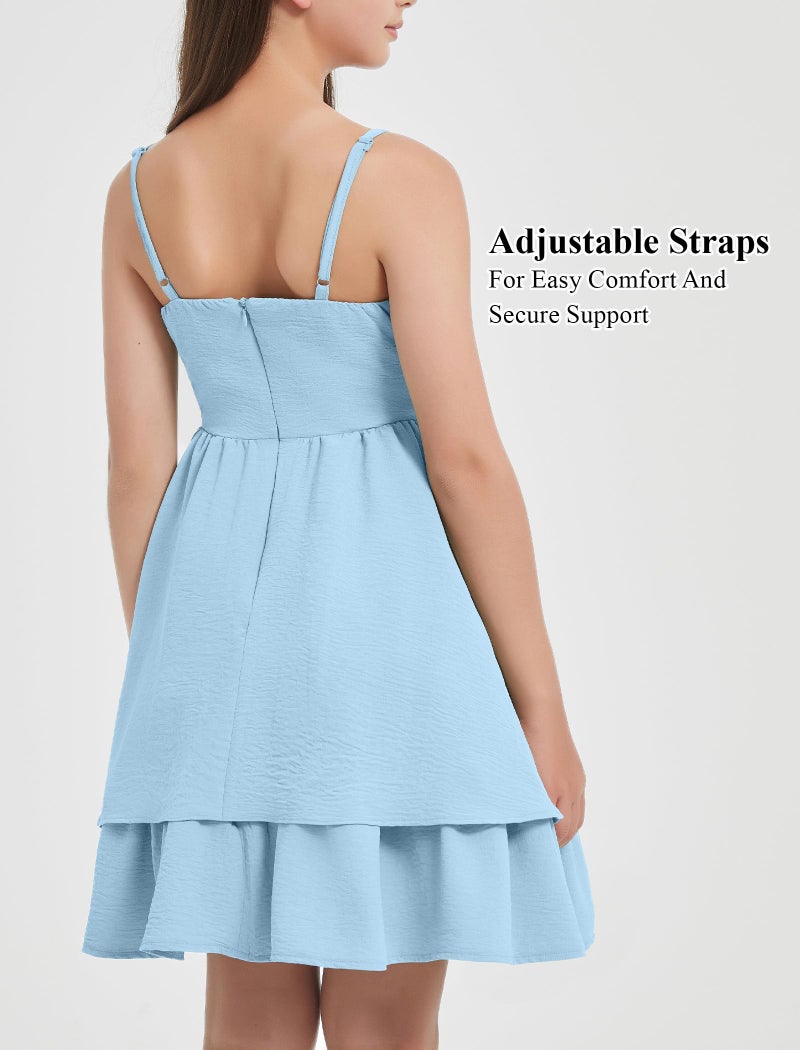 EXARUS Girls Dress Blue Teen Easter Church Formal Back to School Homecoming Dance Casual Tween Swing Ruched Flowy Ruffle Summer Spaghetti Strap Adjustable Outfits Dresses Cami for 12 Years - Image 4