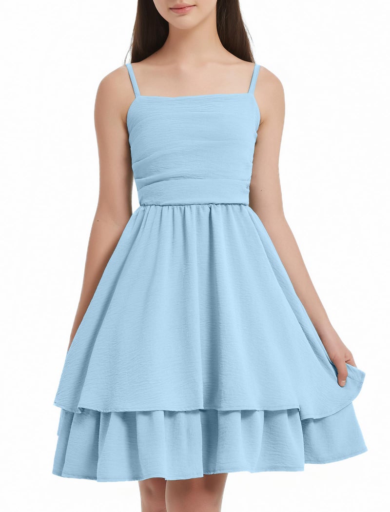 EXARUS Girls Dress Blue Teen Easter Church Formal Back to School Homecoming Dance Casual Tween Swing Ruched Flowy Ruffle Summer Spaghetti Strap Adjustable Outfits Dresses Cami for 12 Years - Image 2