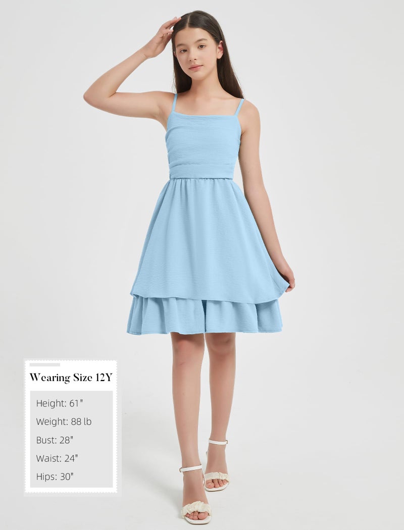 EXARUS Girls Dress Blue Teen Easter Church Formal Back to School Homecoming Dance Casual Tween Swing Ruched Flowy Ruffle Summer Spaghetti Strap Adjustable Outfits Dresses Cami for 12 Years - Image 5