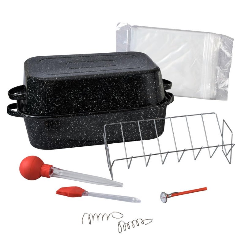 Granite Ware طقم صينية الشواء المستطيلة من جرانيت وير 25 رطل 10 قطع يشمل غطاء ورف VRack و2 حقيبة نقع آمنة للفرن ومقياس حرارة اللحم ومحقن ديك رومي مع كرة سيليكون وفرشاة صغيرة