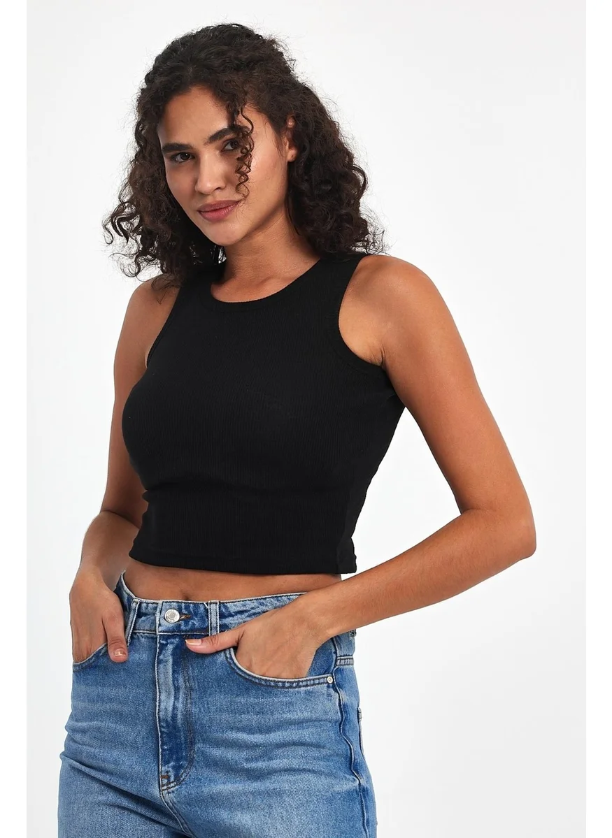 mmetalic Women's Black Ribbed Look Strappy Thick Flexible Knitted Basic Crop Tank Top Blouse