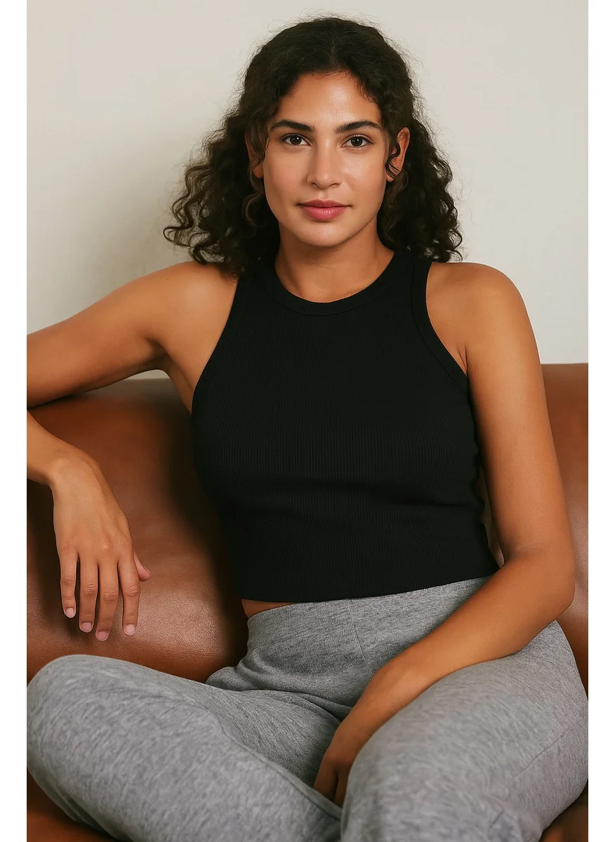 mmetalic Women's Black Ribbed Look Strappy Thick Flexible Knitted Basic Crop Tank Top Blouse