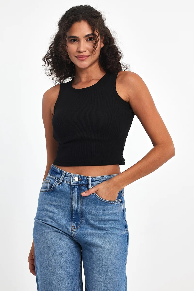 mmetalic Women's Black Ribbed Look Strappy Thick Flexible Knitted Basic Crop Tank Top Blouse