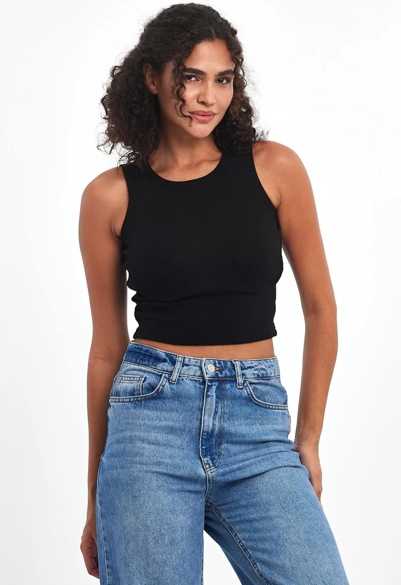 mmetalic Women's Black Ribbed Look Strappy Thick Flexible Knitted Basic Crop Tank Top Blouse