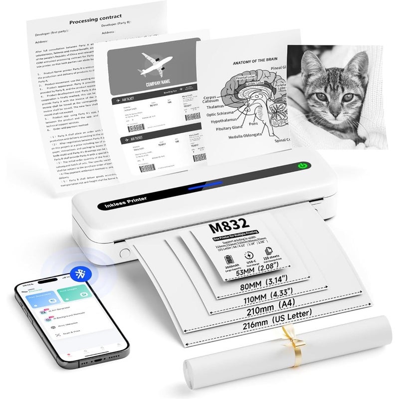 M832 Portable Printer Wireless for Travel, Inkless Handy Printer Support Thermal Paper A4 and Letter Size Printing of Receipt and Documents, Upgrade 300DPI - Image 1