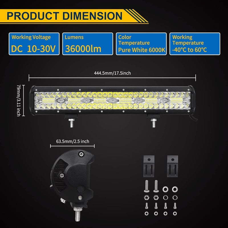 سكاي وورلد شريط إضاءة LED من ، 17 بوصة 360 واط، شعاع مزدوج (بقعة/فيضان) 12V 24V، مصابيح عمل وقيادة وضباب LED، مقاوم للماء IP67، مناسب للشاحنات الوعرة والسيارات ومركبات ATV وSUV والقوارب - Image 2