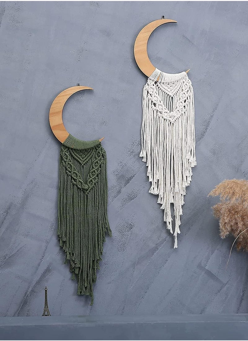 انتيكيانو مكرمية رمضان معلقة على الحائط بتصميم قمر فريد ونمط بوهيمي، زينة خشبية بوهيمية بلون أبيض وشراشيب طويلة، مكرمية بنمط مراحل تكون القمر، مصنوعة يدويا لديكور المنزل وغرفة النوم والأطفال والمعيشة  - Image 2