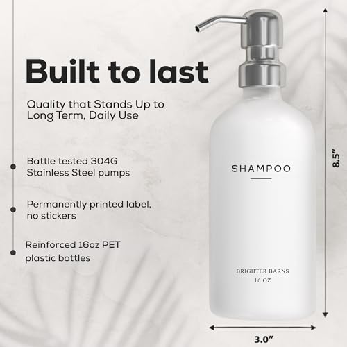 Brighter Barns White Shampoo and Conditioner Dispenser Set by Brighter Barns - Shower Dispenser for Bathroom - Refillable Plastic Shampoo Bottle & Stainless Steel Pump - Shampoo Dispenser for Vacation Rental (White) - Image 3