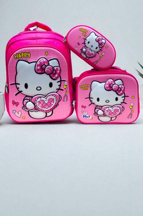 شنطة مدرسية  للبنات 3 قطع بتصميم شخصية هيلو كيتي الكرتونية | حقيبة  مدرسية  أنيقة للبنات مع حقيبة طعام ومقلمة | ألوان زاهية وخامات عالية الجودة | شنط مدارس للبنات مثالية للمدرسة والرحلات والنشاطات اليومية | مقاس 14