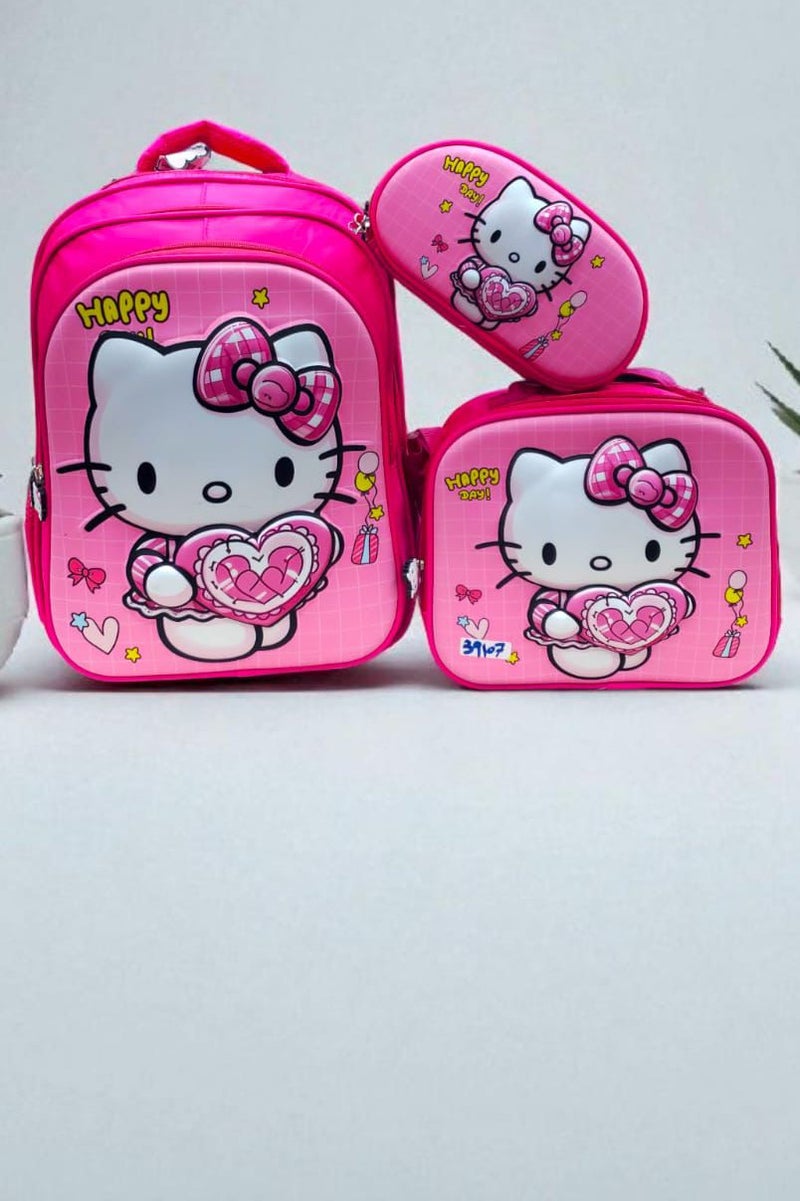 هالو كيتي شنطة مدرسية  للبنات 3 قطع بتصميم شخصية هيلو كيتي الكرتونية | حقيبة  مدرسية  أنيقة للبنات مع حقيبة طعام ومقلمة | ألوان زاهية وخامات عالية الجودة | شنط مدارس للبنات مثالية للمدرسة والرحلات والنشاطات اليومية | مقاس 14