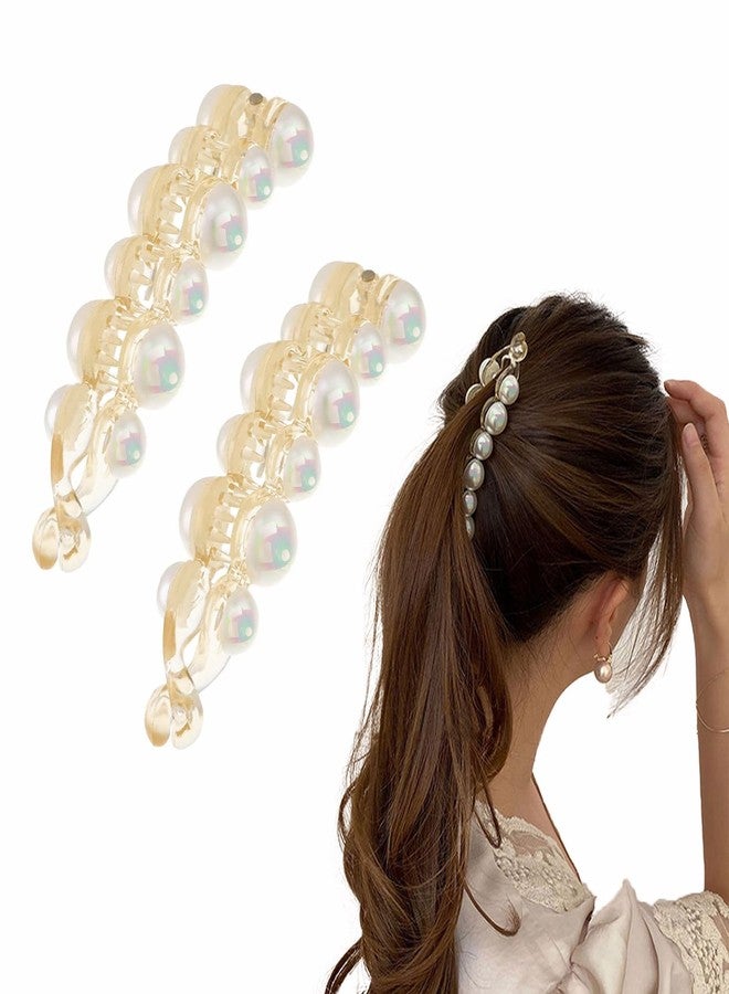 LYKAA Stylish White Pearl Banana Ponytail Holder Thick Fine Hair Clutchers French Barrettes Teeth Inside Slide Jaw Clips Wedding Designer Fancy Hair Clips For Women & Girls | (Pack of 2) - Image 1