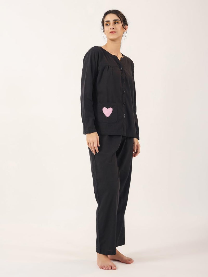 SAY Womens Cotton Night Dress Set Shirt and Pyjama Lounge Wear Night Dress, Black - Image 4