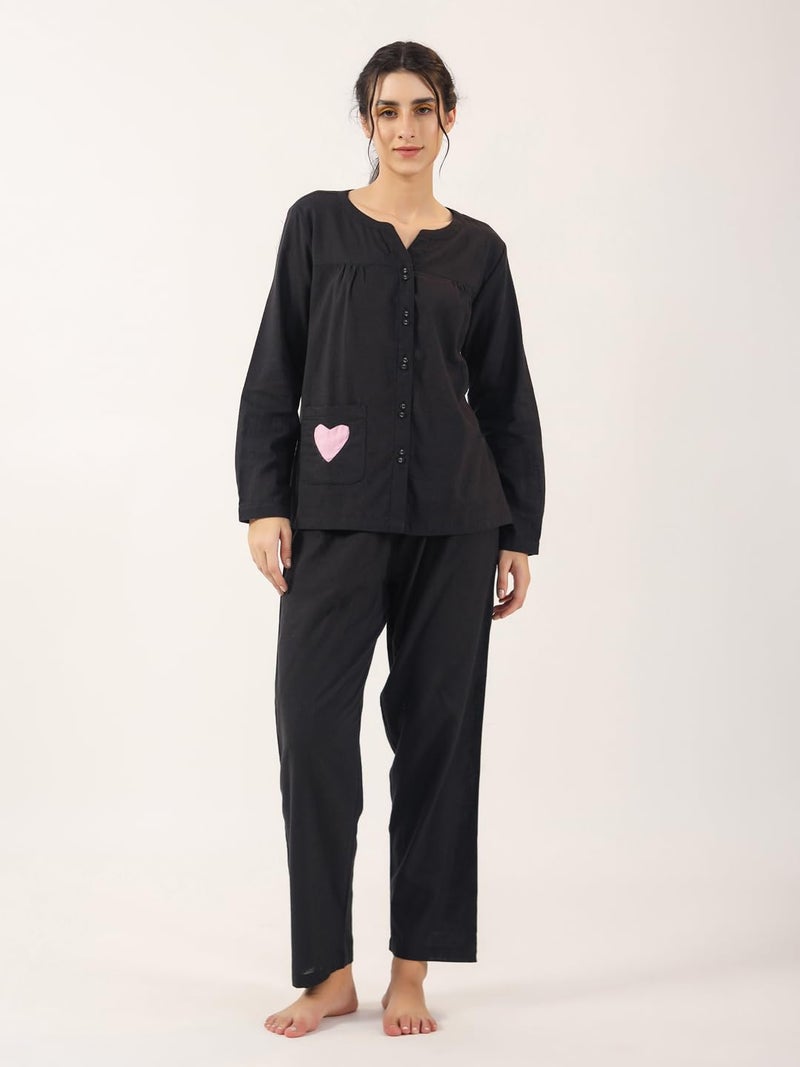 SAY Womens Cotton Night Dress Set Shirt and Pyjama Lounge Wear Night Dress, Black - Image 2