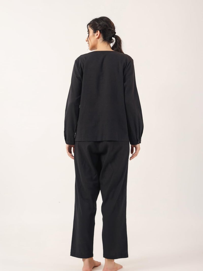 SAY Womens Cotton Night Dress Set Shirt and Pyjama Lounge Wear Night Dress, Black - Image 3