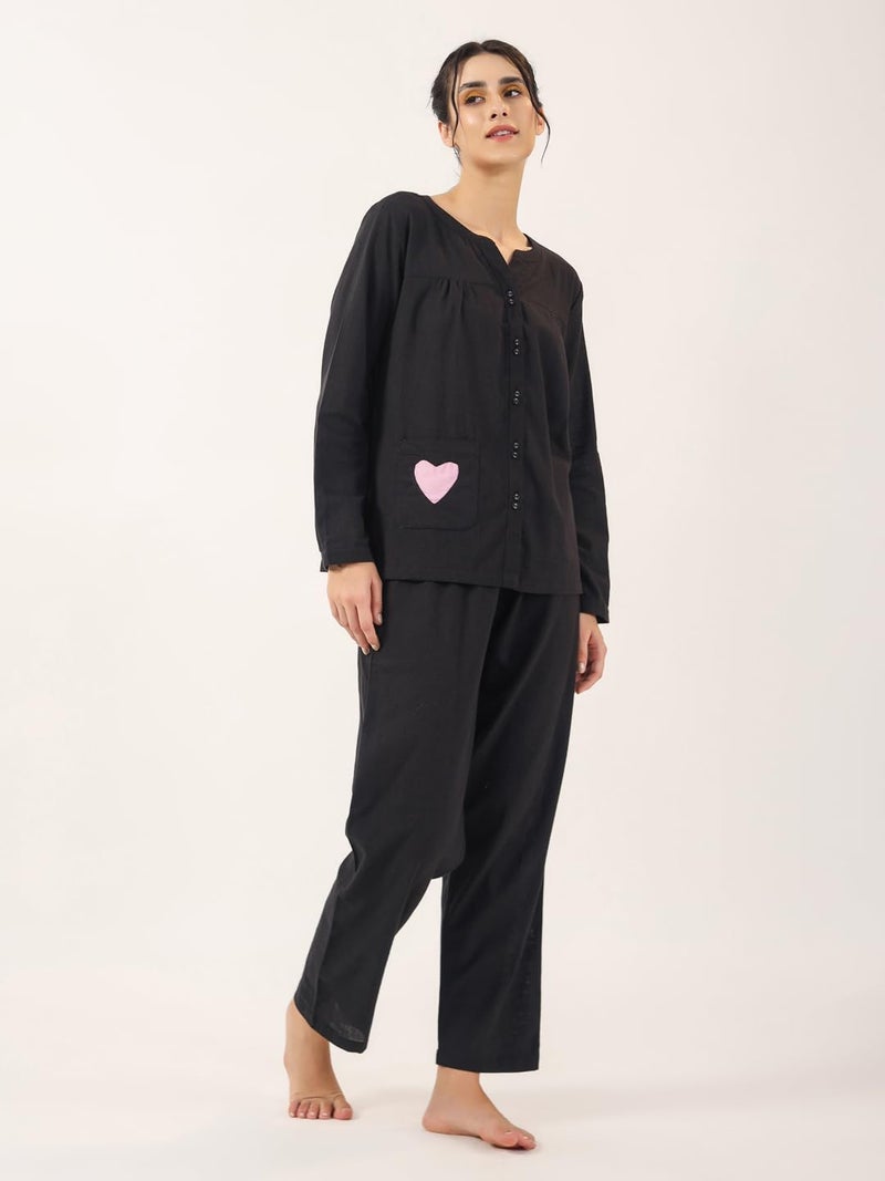 SAY Womens Cotton Night Dress Set Shirt and Pyjama Lounge Wear Night Dress, Black - Image 5
